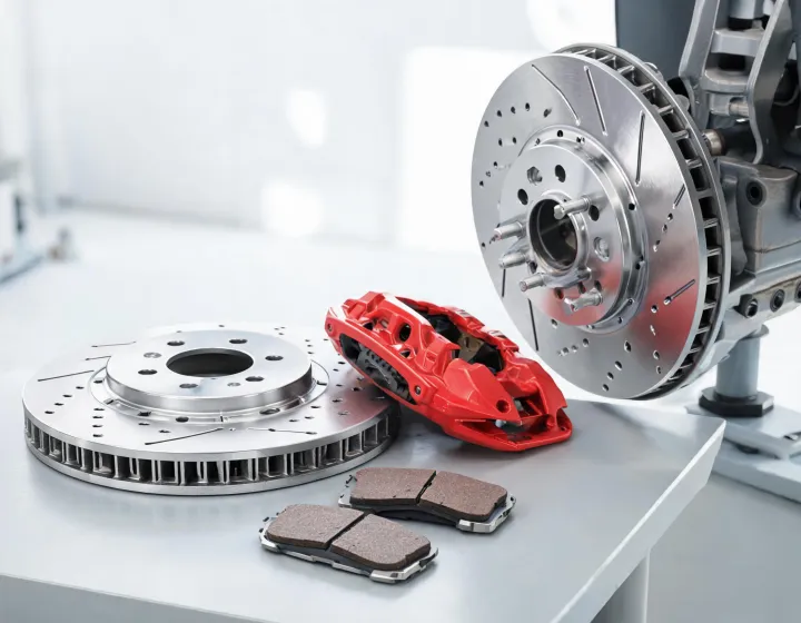 Powerstop brake disc, caliper and pad set on a workshop bench